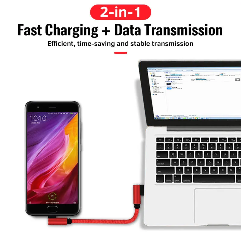 25cm USB to Type C Short Charging Cable Elbow 90 Degree USB C Micro USB Cable 2.4A Fast Charging