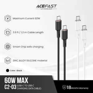 ACEFAST C2-03 USB-C TO USB-C ZINC ALLOY SILICONE CHARGING DATA CABLE (60W MAX)(1.2M) - WHITE