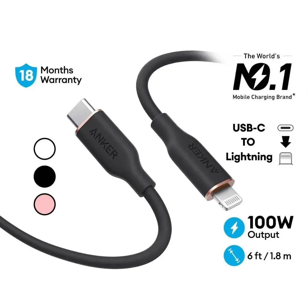 Anker 641 PowerLine III Flow USB C to Lightning Cable 6ft/1.8m 100W Cable A8663