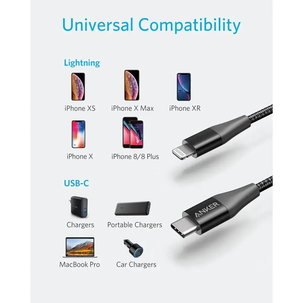 Anker PowerLine  II USB C to Lightning Cable Braided Nylon Fast Charging 3ft/0.9m Cable A8652