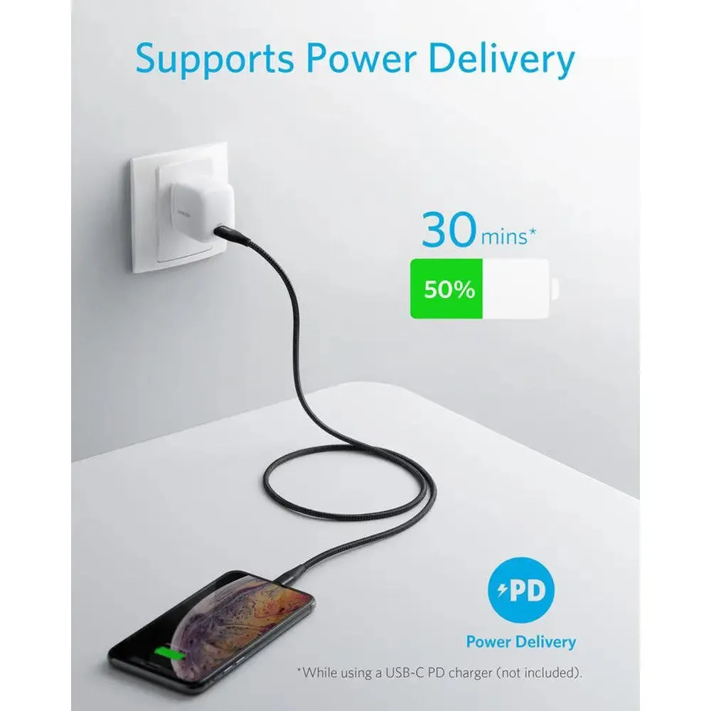 Anker PowerLine  II USB C to Lightning Cable Braided Nylon Fast Charging 3ft/0.9m Cable A8652