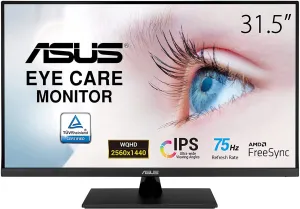 ASUS Monitor VP32AQ 31.5” 2K WQHD (2560 x 1440), IPS, 100% sRGB, HDR10, 75Hz, Speakers, Adaptive-Sync/FreeSync, Low Blue Light, Eye Care, VESA Mountable, Frameless, DisplayPort, HDMI, Tilt