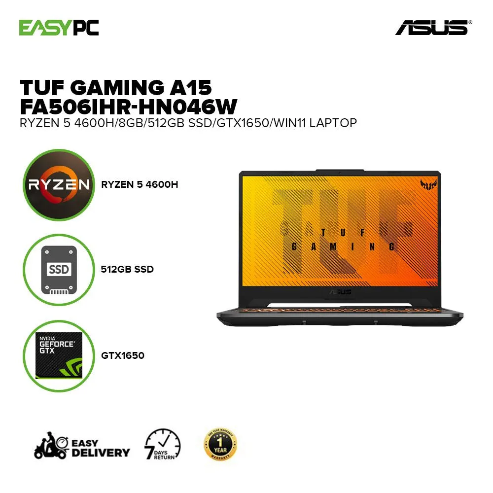 ASUS TUF Gaming A15 FA506IHR-HN046W 15" FHD Ryzen5 4600H 8GB 512G SSD GTX1650 4GB GDDR6 Win11 Laptop