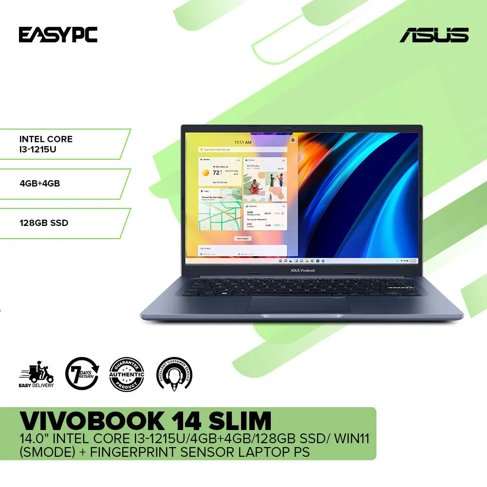 ASUS VivoBook 14 Slim 14.0" Intel Core i3-1215U/4GB 4GB/128GB SSD Laptop PS BK