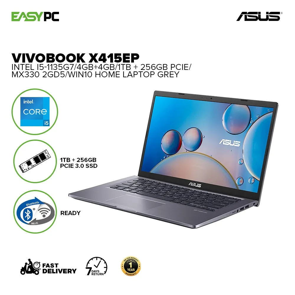 Asus Vivobook X415Ep-Eb213T Intel I5-1135G7 4Gb 4Gb Win10 1Tb   256Gb Pcie Mx330 2Gd5 Laptop Grey