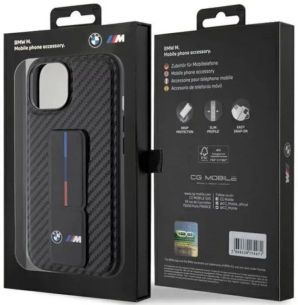 BMW M Series Hard Case Grip Stand Smooth and Carbon for iphone 15 6.1" Black - BMHCP15SGSPCCK