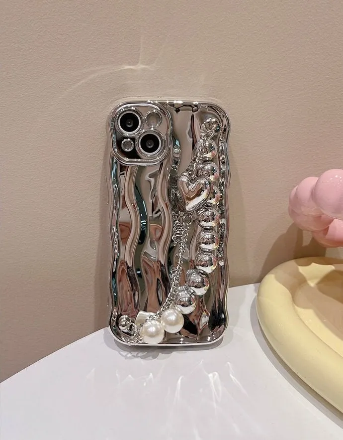 Cute Electroplated Silver Wave Design with Silver & White Pearl Strap Protective Shockproof iPhone Case for iPhone 11 12 13 14 Pro Max Case