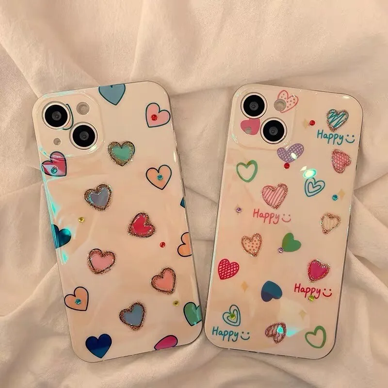 Cute Glossy Pearlescent Colorful Glitter Heart Doodles Drawing Design Protective Shockproof iPhone Case for iPhone 11 12 13 14 15 Pro Max