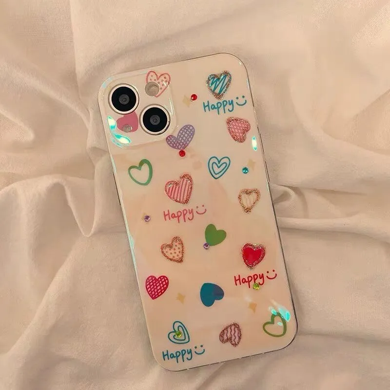 Cute Glossy Pearlescent Colorful Glitter Heart Doodles Drawing Design Protective Shockproof iPhone Case for iPhone 11 12 13 14 15 Pro Max