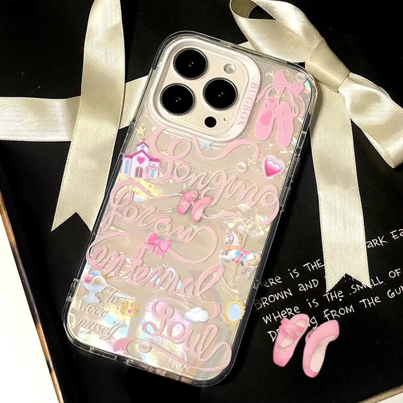 Cute Kawaii Princess Clear Holographic Cursive Writings Design Protective Shockproof iPhone Case for iPhone 11 12 13 14 15 Pro Max Case