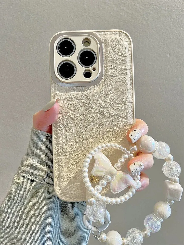 Cute Minimalist White Floral Flowers Pattern Design Protective Shockproof Phone Case   White Pearl Strap for iPhone 11 12 13 14 15 Pro Max