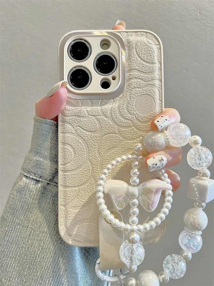 Cute Minimalist White Floral Flowers Pattern Design Protective Shockproof Phone Case   White Pearl Strap for iPhone 11 12 13 14 15 Pro Max