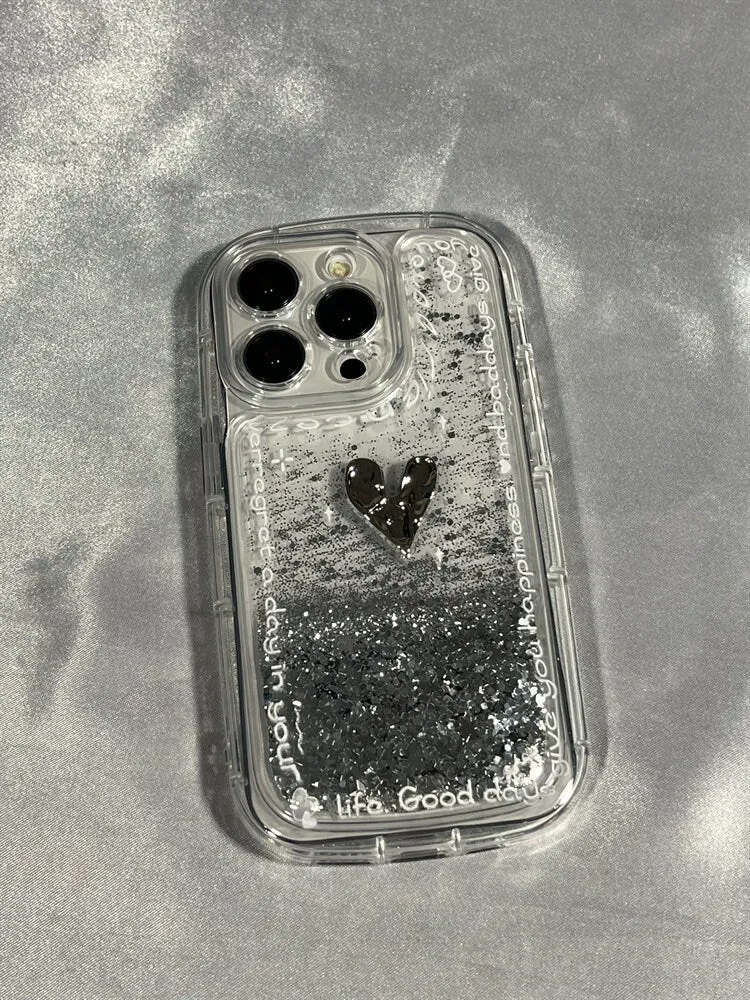 Cute Thick Clear Liquid with Silver Glitter Design   Bead Strap Protective Shockproof Phone Case for iPhone 11 12 13 14 15 Pro Max Case