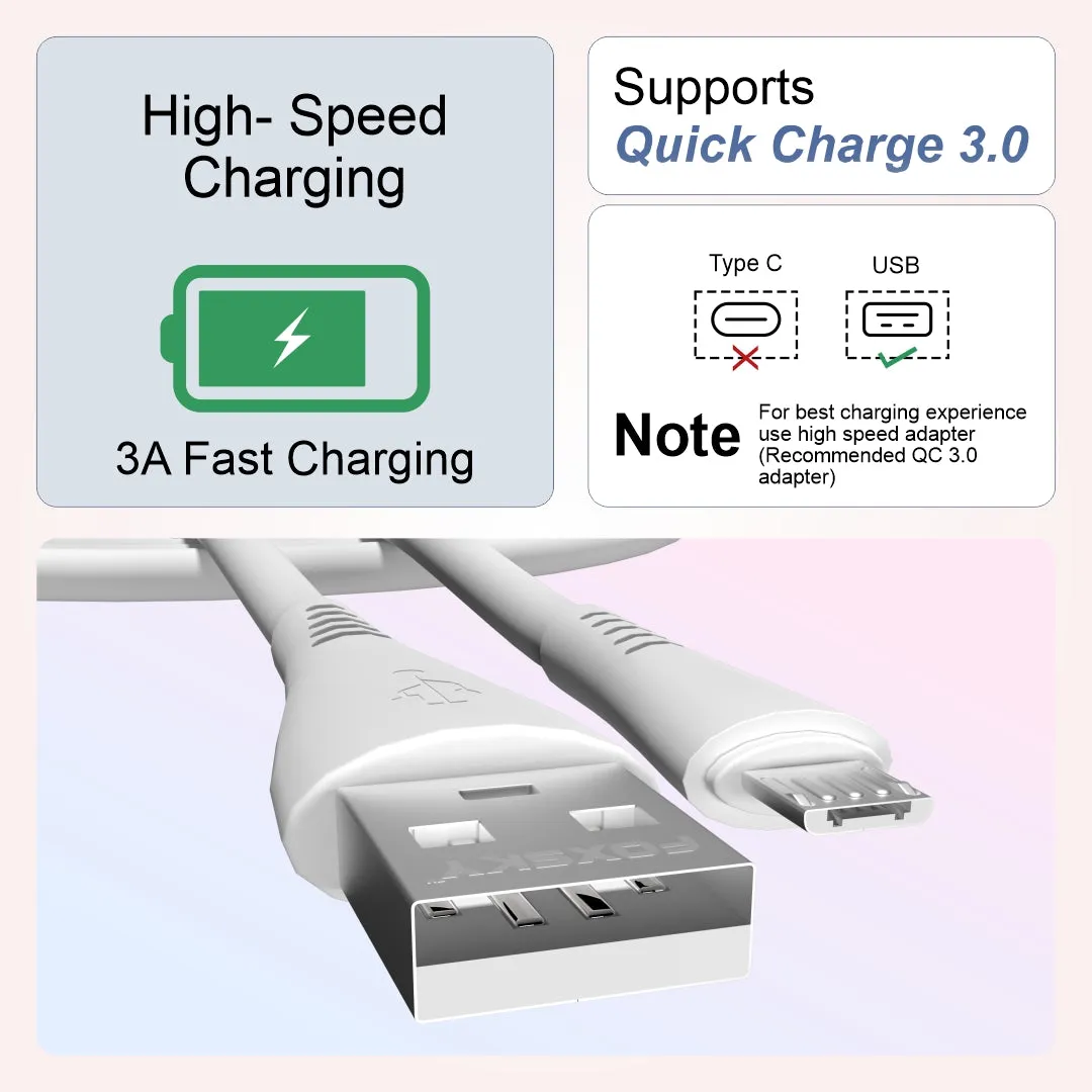 Foxsky Micro USB 3 Amp Fast Charging Data and Sync Cable Extra Tough Quick Charge 1.0M (White)