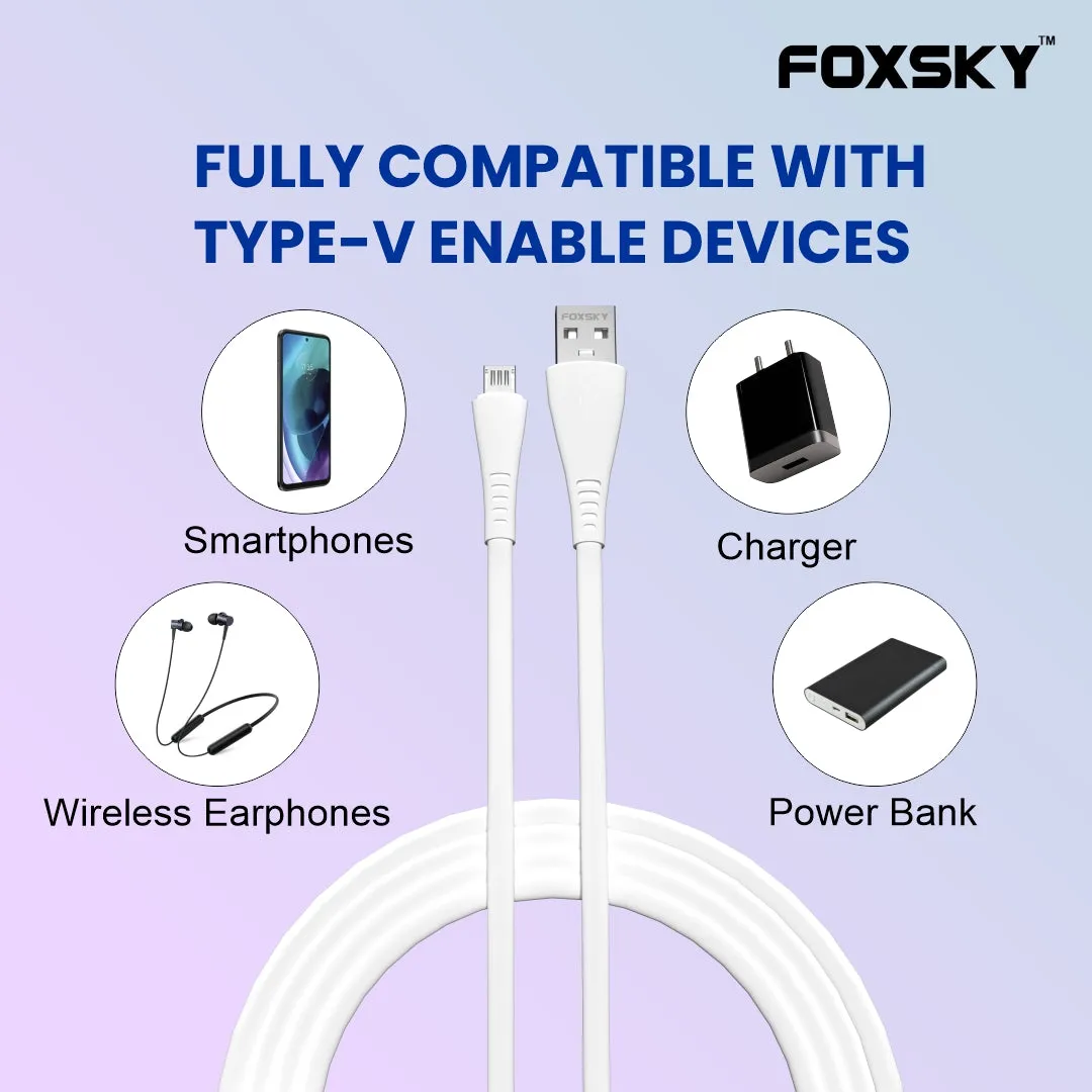 Foxsky Micro USB 3 Amp Fast Charging Data and Sync Cable Extra Tough Quick Charge 1.0M (White)