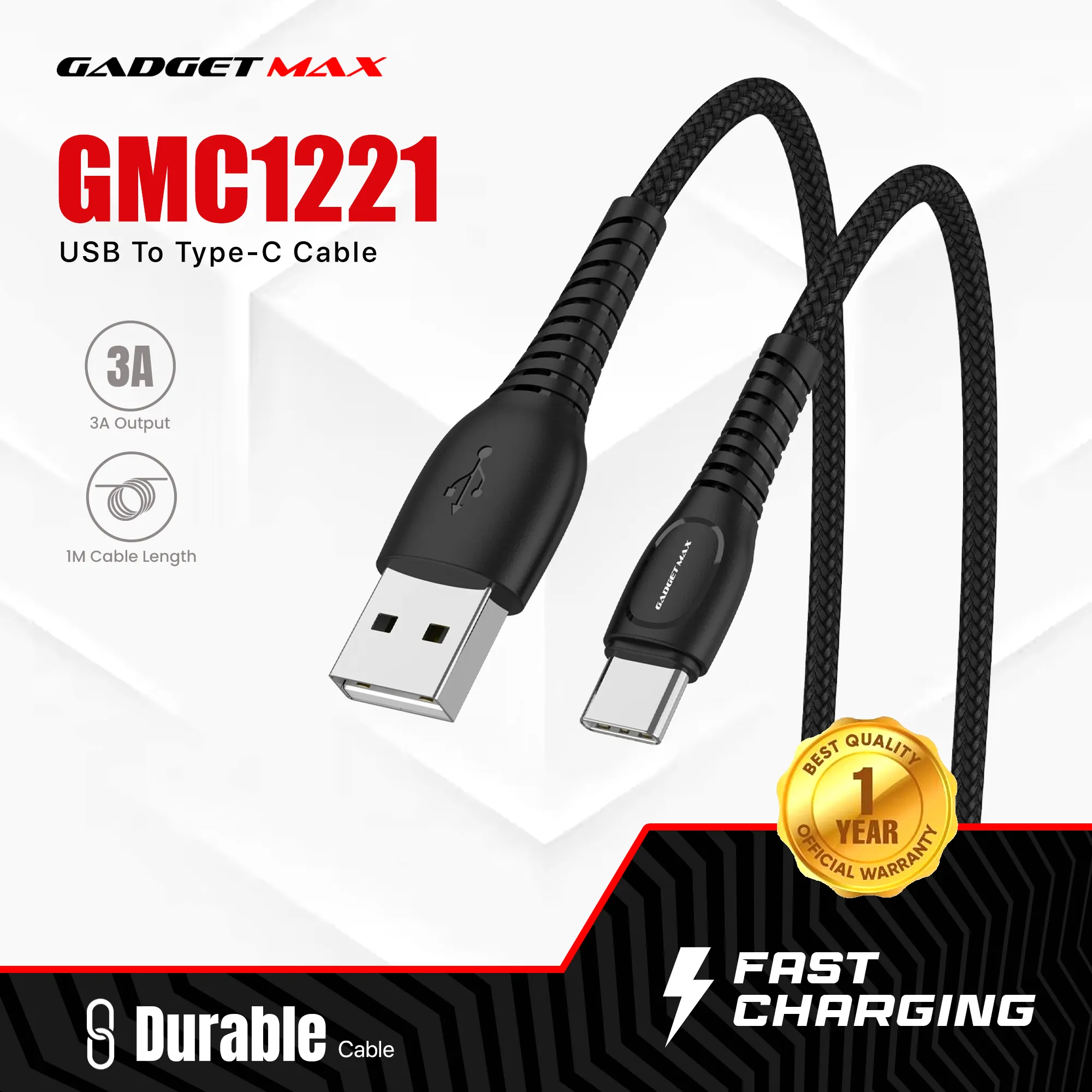 GADGET MAX GMC1221 USB TO TYPE-C CABLE (3A) (1M) - ‌BLACK