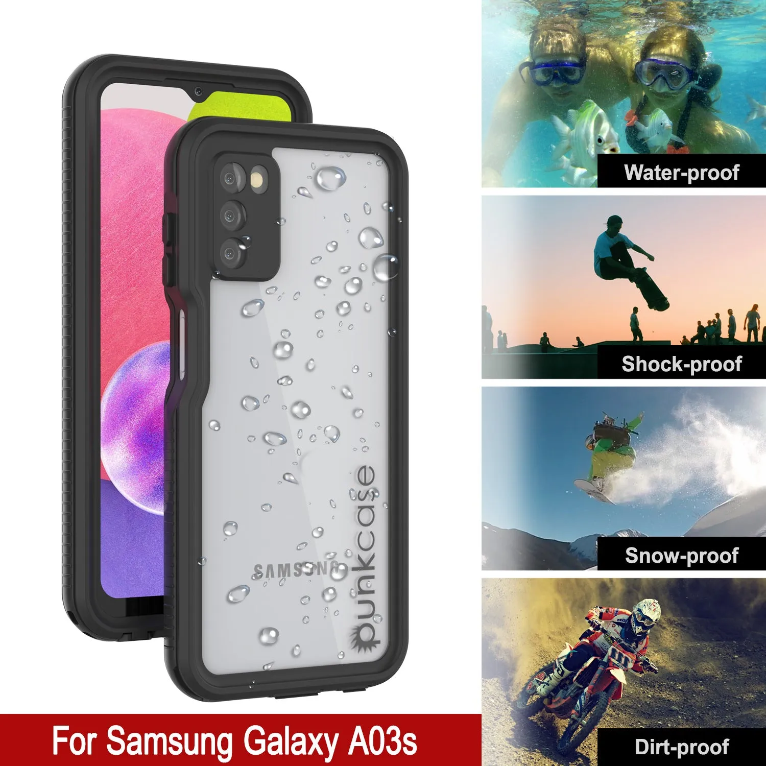 Galaxy A03s Waterproof Case PunkCase StudStar Black Thin 6.6ft Underwater IP68 Shock/Snow Proof