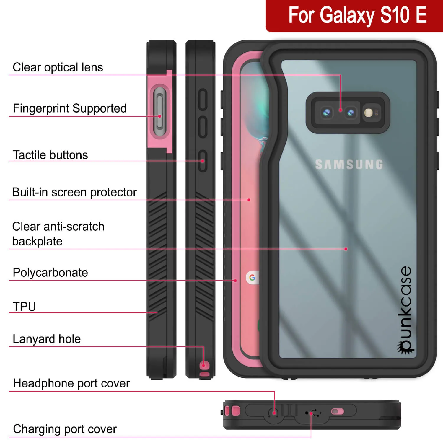 Galaxy S10e Water/Shock/Snowproof Slim Screen Protector Case [Pink]