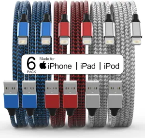 Spring 6Pack 3/3/6/6/6/10 FT Iphone Charger Nylon Braided Fast Charging Lightning Cable