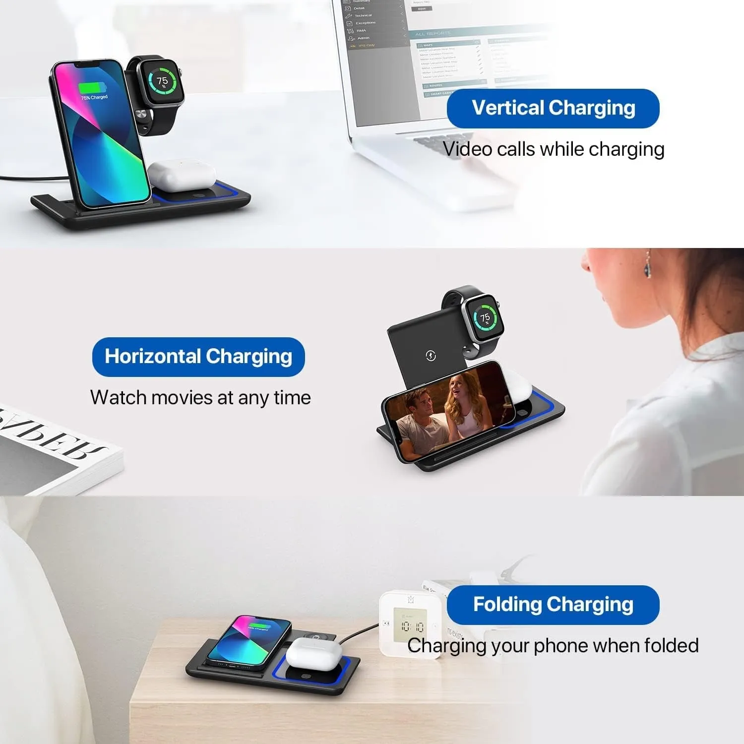 Spring Wireless Charger, 3 in 1 Wireless Charging Station, Fast Wireless Charger Stand for Iphone