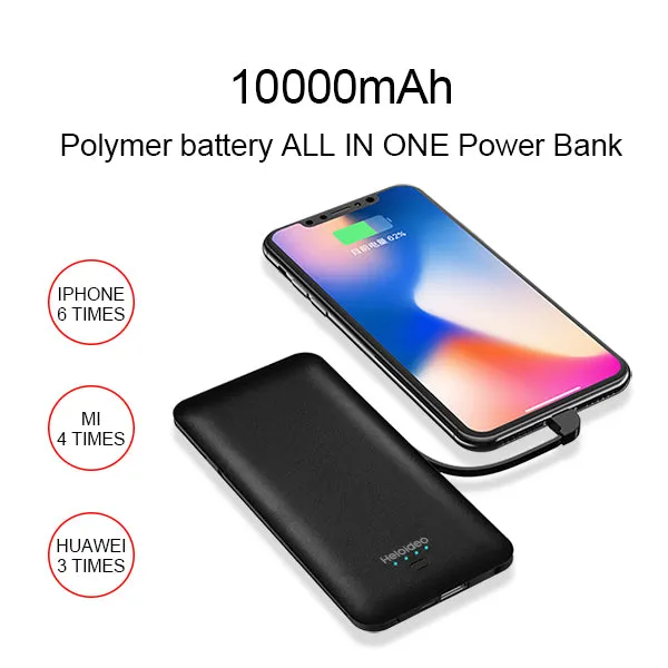 super slim AC plug power bank 10000mah External Battery Pack Charger with Cable Built-in 2 lightning,1Type-c Three cable high capacity for smartPhone