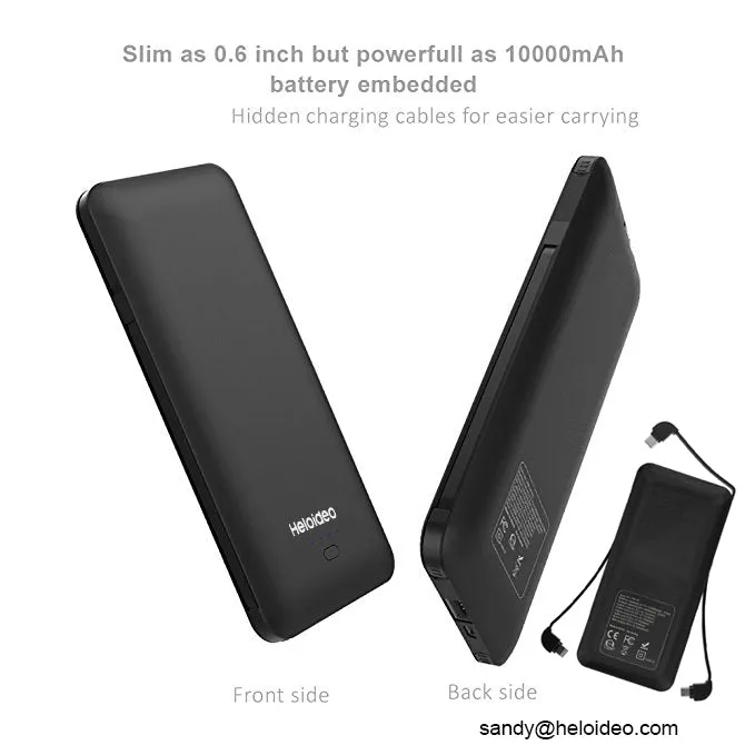 super slim AC plug power bank 10000mah External Battery Pack Charger with Cable Built-in 2 lightning,1Type-c Three cable high capacity for smartPhone