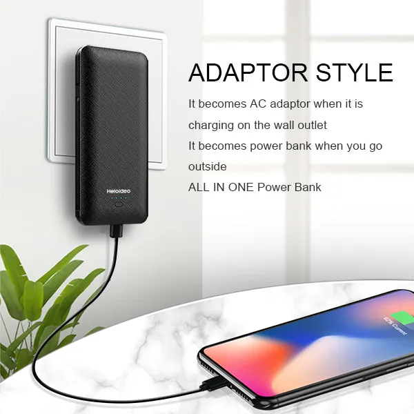 super slim AC plug power bank 10000mah External Battery Pack Charger with Cable Built-in 2 lightning,1Type-c Three cable high capacity for smartPhone